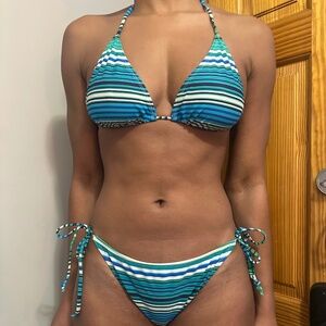 Old Navy Teal and Black Striped Bikini